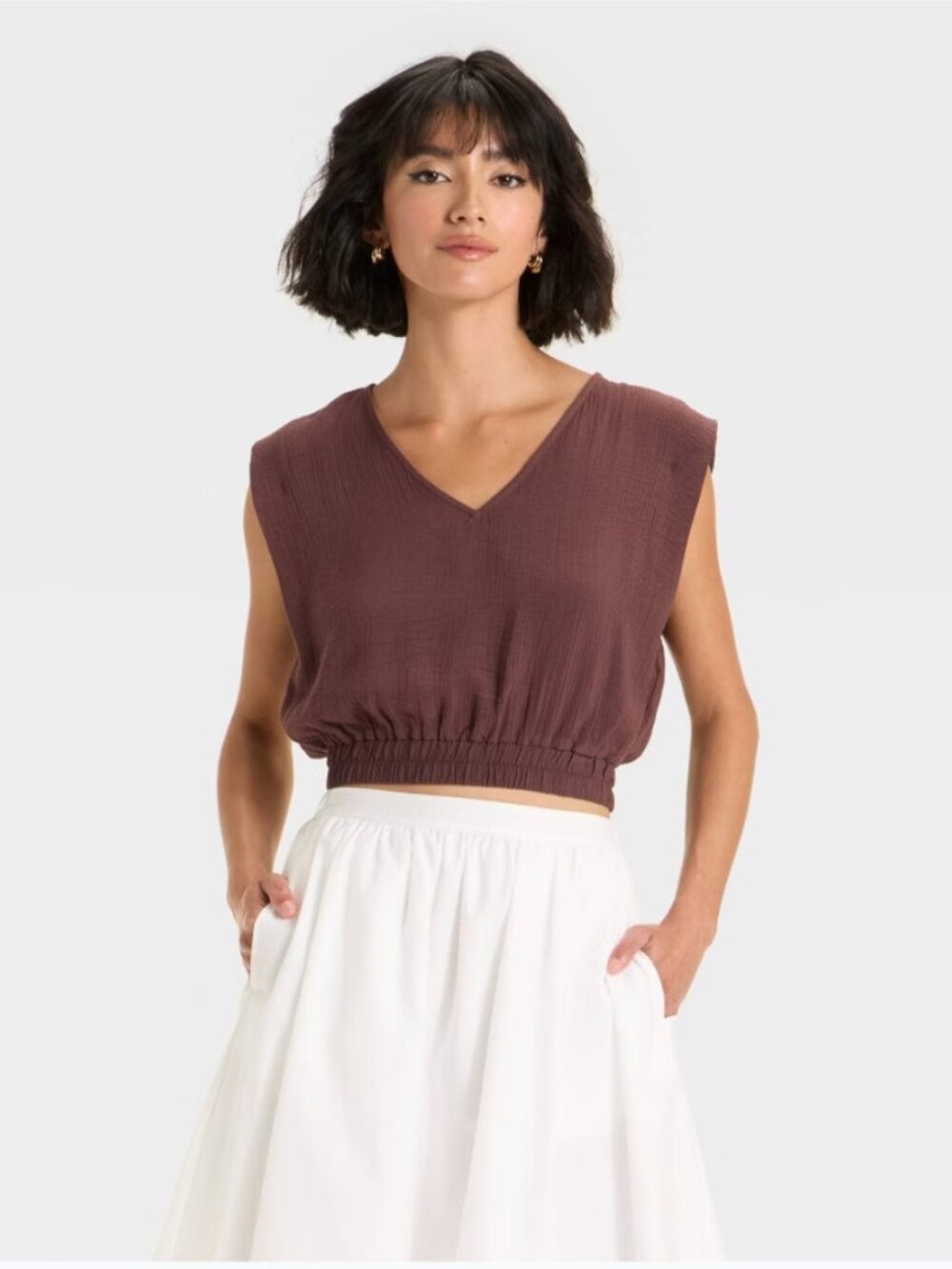 A New Day L Womens Blouse Modern Gauze V Neck Crop Top Brown